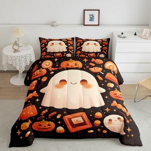 Erosebridal Комплект постельного белья с принтом мультяшных привидений и готических тыкв в стиле Хэллоуин, White Orange Black