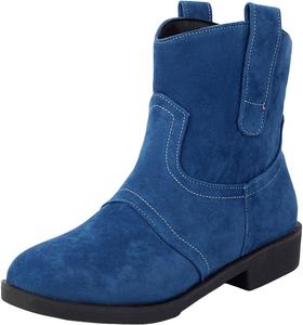 Замшевые женские вестерн-башмаки до щиколотки | Слипоны с заостренным носком, широкая голень, круглый носок, короткие ботинки | Удобные ботильоны на массивном каблуке для осени и зимы, ковбойские и ковбойские сапожки Generic, Blue