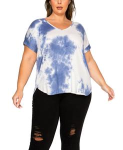 Футболка большого размера с V-образным вырезом, закатанными рукавами и принтом тай-дай, модель "летучая мышь" COIN 1804, Blue, Ivory