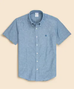 Хлопковая рубашка из шамбре цвета индиго с логотипом GF, короткий рукав, повседневная, стандартного размера.