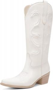 Женские ковбойские сапоги до середины голени, сапоги ковбойские с заостренным носком, массивным каблуком, модная вышивка, стиль вестерн, на молнии GPXGPX, White