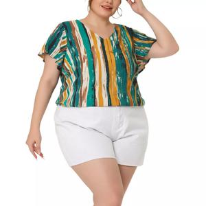 Женский топ больших размеров в полоску с круглым вырезом и короткими рукавами в стиле бохо Agnes Orinda, синий