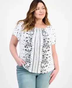 Топ с принтом и сборками на выреге-лодочка больших размеров Style & Co, белый