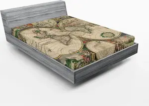 Простыня на резинке ABAKUHAUS Карта мира, античный дизайн с фигурами эпохи Возрождения, континентами и полушариями, винтажное искусство, 120 x 190 см, разноцветная Abakuhaus