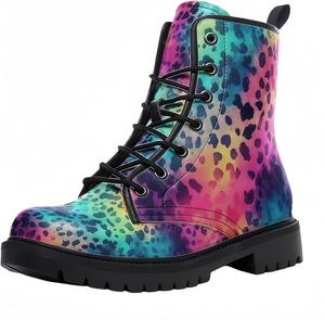 Женские короткие ботинки с принтом, шнуровкой и массивным каблуком, боевые ботильоны для девушек и женщин, обувь на осень и зиму, с узором из роз и черепов в мультяшном стиле Maimeili, Small Leopard Print Colorful