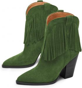 Женские ботильоны FOWT с заостренным носком, массивным каблуком, бахромой в западном стиле, размер 4-16 США, Green