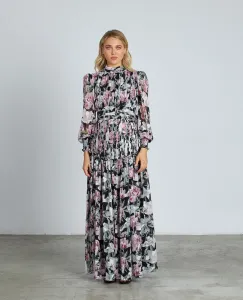 Длинное платье с принтом, оборками и длинными полупрозрачными рукавами с высоким воротником Alma en Pena, розовый