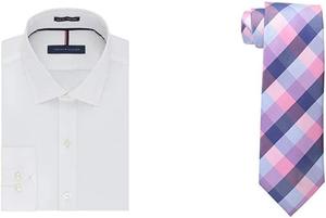 Мужская рубашка Tommy Hilfiger Slim Fit Non Iron Solid - эксклюзивно на Amazon, White/Pink Shirt Tie Combo