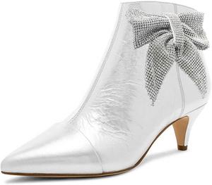 Женские стильные ботильоны XYD с низким каблуком-стилет и кристаллическим бантом сбоку, заостренные носки, на молнии, для платьев, Silver White