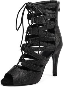 Женские ботильоны SWDZM с открытым носком, на шнуровке, для танцев, латинская и бальная обувь на высоком каблуке с подошвой для улицы, Black