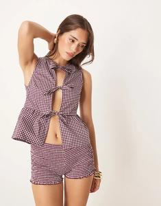 Топ в клетку Motel kayvata с завязками спереди, винного цвета, часть комплекта