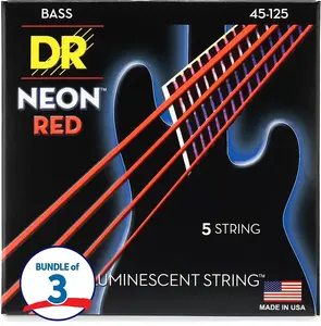 D.R Strings Струны для бас-гитары DR Strings NRB5-45 Hi-Def Neon Red K3 с покрытием (набор из 3 шт.) - .045-.125, средние, 5-струнная