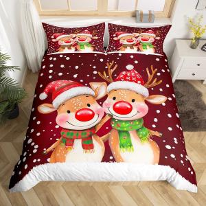 Erosebridal Комплект постельного белья с новогодним принтом оленей и шапкой Санты для детей, Red Green