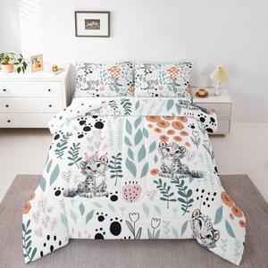 Erosebridal Комплект постельного белья Snow Leopard с леопардовым принтом, розовыми цветами и зелеными листьями, для детей и любителей животных, Grey