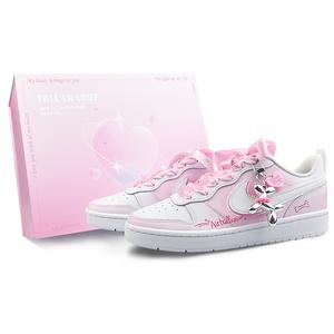 Кроссовки Nike Court Borough GS белые противоскользящие износостойкие для скейтбординга, розовая коробка