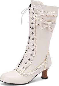 Женские зимние готические викторианские ботинки с низким каблуком на шнуровке, средние по голенищу с бантом, ботинки ведьмы HONGDAO, White