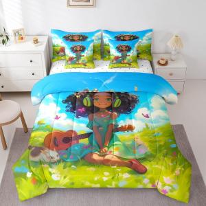 Erosebridal Комплект постельного белья Kawaii Black Girl Bed in a Bag с принтом весеннего сада, бабочек, гитары, наушников, кролика и морской свинки, Blue Green