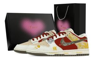 Nike Dunk Fú Rì Zhù Dōng, Heart Box Leather Low top Skateboard Shoes, мужские, бежево-красные