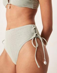 Текстурированные плавки бикини Kai с завязками, высокой талией и отделкой из жемчуга в цвете шалфея Asos Design