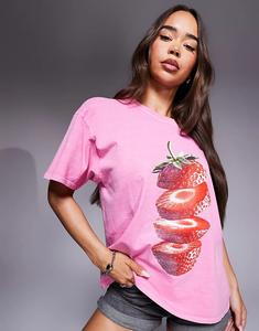 Эксклюзивная хлопковая футболка Kaiia с принтом клубники в розовом цвете