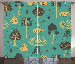 Штора ABAKUHAUS Botanical Rustic, элемент Doodle Forest, универсальная ленточная штора для гостиной с петлями и крючками, 280 x 225 см, цвет "кадетский синий/песочно-коричневый" Abakuhaus