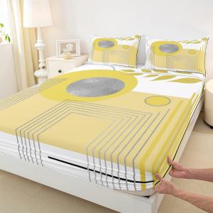 Erosebridal Абстрактный комплект постельного белья в богемном стиле с геометрическим принтом и ботаническими листьями, Yellow White