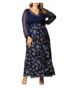 Платье вечернее пышное с вышивкой Isabella из сетки для полных Kiyonna, синий