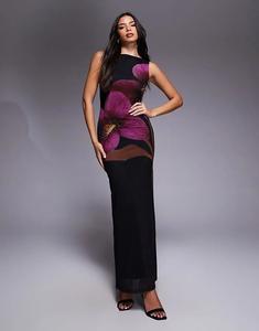 Платье макси из сетки ASOS DESIGN с вырезом-лодочкой и цветочным принтом черного цвета