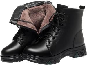 Женские зимние ботинки Niiyyjj из натуральной кожи, большой размер, короткие ботинки до щиколотки, на шнуровке и молнии, мотоциклетные ботинки, Black Fleece