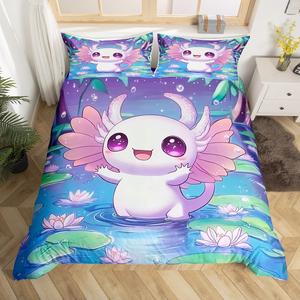 Erosebridal Комплект постельного белья Cute Axolotl с морскими животными в стиле каваи, фиолетово-зеленый дизайн с лотосами и волнами, Purple Green