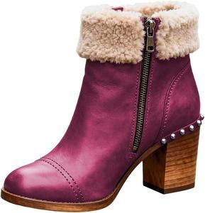 Женские зимние ботильоны XYD с круглым носком, мехом, боковой молнией и невысоким каблуком с заклепками, теплые повседневные туфли, Purple
