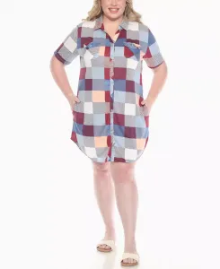 Платье-рубашка большого размера с короткими рукавами и застежкой на пуговицы в клетку White Mark, синий