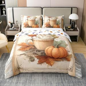 Erosebridal Хлопковый комплект постельного белья Fall Coffee Pumpkin King с осенним принтом, Orange Khaki