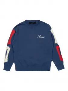 Вязаный свитер с V-образным вырезом и вышивкой Amiri Kids, синий