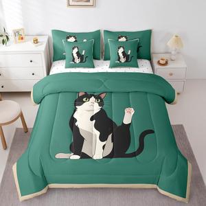 Erosebridal Комплект постельного белья Kitten Bed in A Bag King Size с мультяшными котиками в зеленых и черных тонах для детей, Green Black