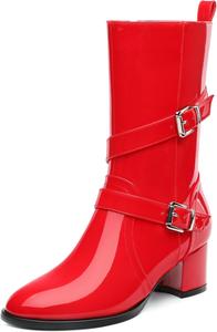 Женские сапоги до середины икры, низкий каблук, боковая молния, ботильоны до икры для женщин, круглый носок, модная лодыжка с ремешком и пряжкой RLYGHWAO, Red Patent