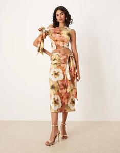 Платье миди ASOS DESIGN со спущенными плечами, завязками и цветочным принтом