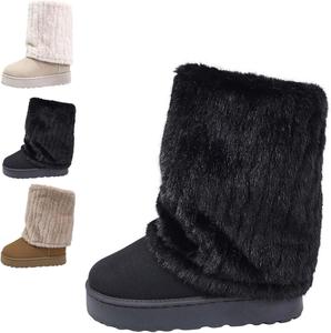 Милые теплые женские ботинки из искусственной замши до середины икры, уютные снежные ботильоны с платформой и искусственным мехом, зимняя обувь Generic, Black