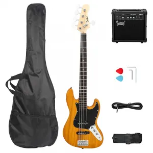 Бас-гитара Glarry GJazz Electric 5 струн, полный размер, прозрачный желтый / усилитель 20 Вт