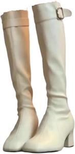 Женские высокие сапоги выше колена с эластичной посадкой, с квадратным носком, пряжкой, рыцарского стиля, с толстым каблуком, зимние модные туфли Generic, Beige
