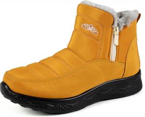 Женские зимние сапоги с меховой подкладкой, боковой молнией, водонепроницаемые, противоскользящие, легкие, короткие ботильоны, удобная обувь для прогулок на улице QIJOZXN, Yellow