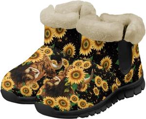 Женские ботильоны с искусственным мехом, утепленные зимние сапоги, теплые и удобные мягкие ботинки, легкие противоскользящие ботинки, повседневная обувь для дома Chririnla, Yellow Flower Highland Cattle