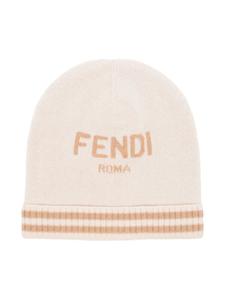 Шапка бини вязки интарсия с логотипом Fendi Kids, нейтральный