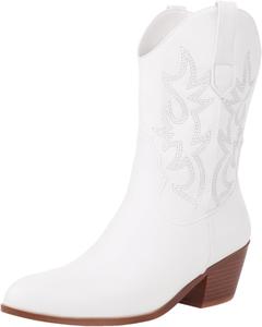 Женские ковбойские сапоги до колена в западном стиле, широкая голень, классическая вышивка, без шнуровки, ретро Generic, White