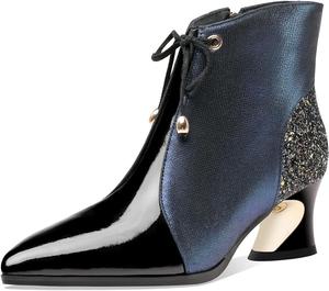 Женские кожаные ботильоны TinaCus с заостренным носком, ручной работы, на невысоком каблуке-бочонке, с боковой молнией, различных цветов, с завязками, Blue