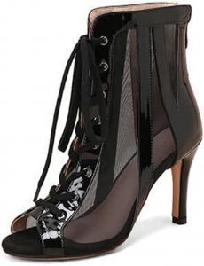 Женские сексуальные джазовые современные танцевальные туфли JXUZY с сеткой, на шнуровке, с высоким каблуком-кубиком, летние ботильоны Generic, D595-Black 8.5Cm