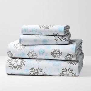 Mellanni Комплект постельного белья King, 4 предмета, хлопковая фланель с двойной обработкой, простыня на резинке с карманами до 40 см, сине-серый "Снежинки"