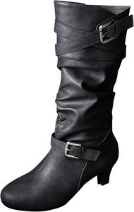 Женские ботинки ZBYY на высоком каблуке до середины икры, зимние свободные ботинки с круглым носком, на молнии и с пряжкой, низкий массивный каблук, осенние ботинки до середины икры, 10.5 Black