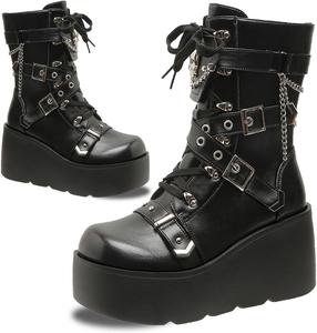 Женские ботильоны на платформе с клиновидной подошвой, выше середины икры, с пряжкой, боевые ботинки, удобные панк-ботинки на платформе для мотоциклов Generic, Black-A 8.5