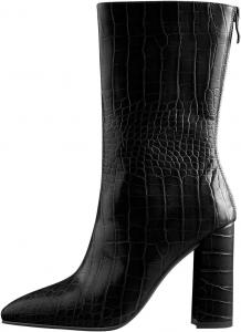 Женские сапоги LISHAN из кожи змеи с массивным 10 см каблуком и вставкой под крокодила, средней длины, Black 4In Heel